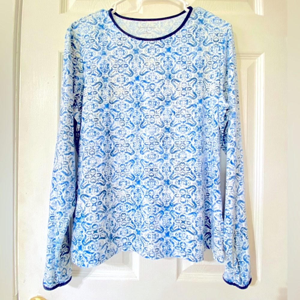 Lands End  Women’s Blue & white Sun protection Shirt Size Medium.NWT on sale now